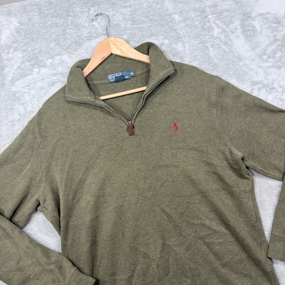 Polo Ralph Lauren Quarter Zip Pullover Mens Medium Olive Green Cotton Knit Logo